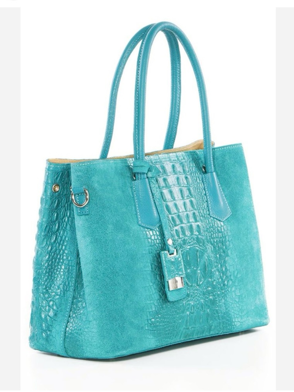 Mila Blu Italian Croc Embossed Leather Satchel Shoulder Bag Turquoise Teal blue - Picture 2 of 14